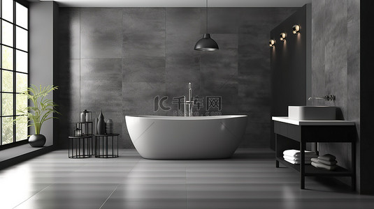 家居背景图片_现代浴室设计，配有时尚的黑色家具灰色墙壁和镜面水槽 3D 概念
