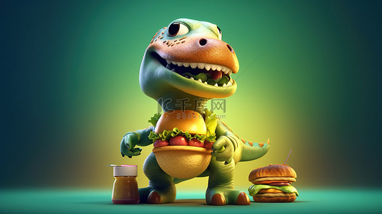 功能卡通背景图片_具有 3D 功能的搞笑恐龙享受多汁的汉堡