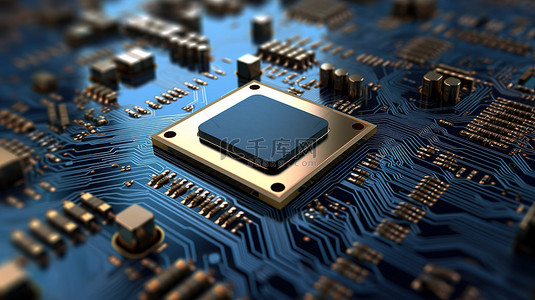 电路板的 3D 渲染，具有用于 CPU 微芯片的微控制器和固件