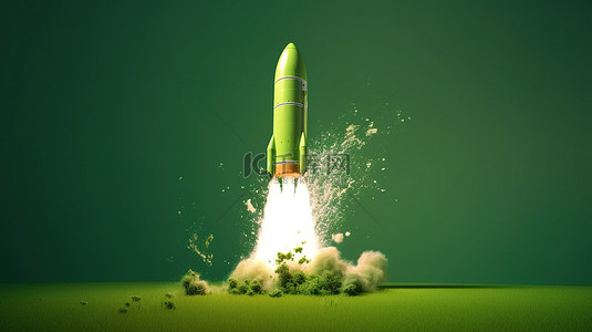 升空卡通背景图片_火箭升空的绿色背景 3D 渲染