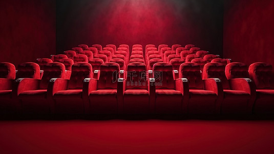 试课体验卡背景图片_放置在红地毯上的单独电影院座位，象征着购买电影票以通过 3D 渲染获得身临其境的电影之夜体验