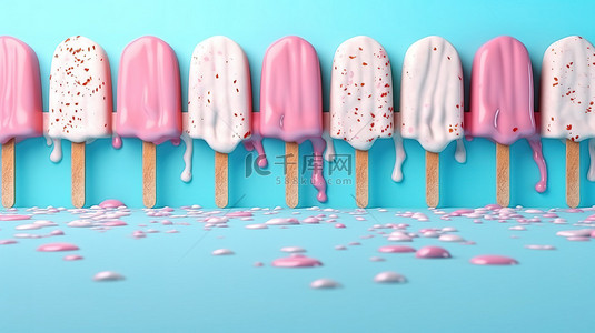 冰淇淋教具背景图片_创意夏季插画在柔和的蓝色背景上融化粉色冰棒图案