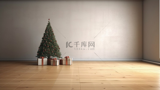 圣诞房间背景图片_废弃房间内木板上的圣诞树和礼物的 3D 渲染