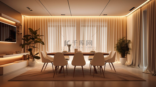 棕色桌子背景图片_现代餐厅配有壁橱窗帘霓虹灯奶油色墙壁和带白色椅子的光滑棕色桌子 3d 渲染