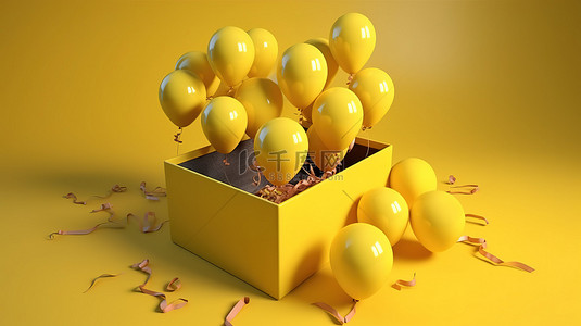 装饰有气球的充满活力的黄色礼品盒的 3D 渲染