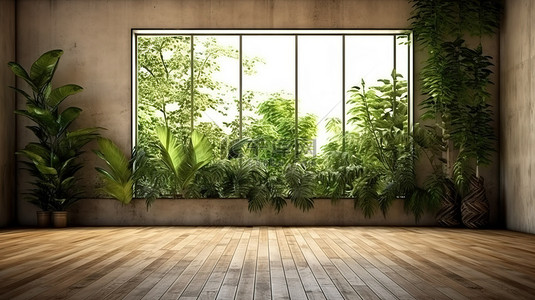 宽敞房间的 3D 渲染，配有木地板和自然风格的触感，提供充足的复制空间