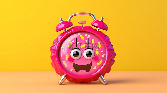 黄色背景下带有闹钟的粉色釉面甜甜圈吉祥物的 3D 渲染