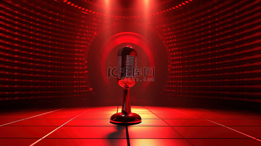 舞台唱歌背景图片_带麦克风的突出显示红色舞台的 3D 渲染