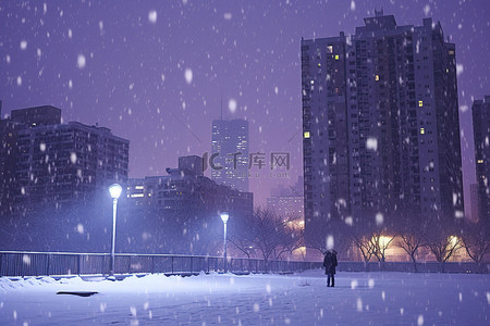 冬天的夜晚，雪落在城市里