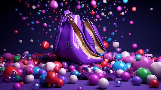 当化妆品和高跟鞋从充满活力的紫色背景 3D 渲染的袋子中出现时，彩色球围绕着化妆品和高跟鞋