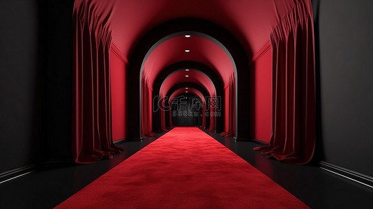 3D 建筑走道，设有黑色走廊和带拱门和红地毯的长隧道