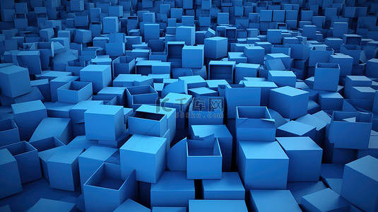 物流箱标签背景图片_许多蓝色纸板箱在 3D 渲染中混合打开和关闭的盖子