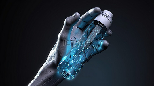 机器人手在 3D 渲染中抓住蓝色液体试管