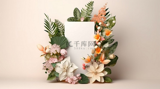 生日边框背景图片_3D 渲染花卉框架垂直的喜悦问候邀请更多