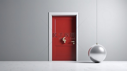 简约家具风格背景图片_关闭的门上带有问号的神秘圆圈具有简约和现代风格的当代 3D 渲染