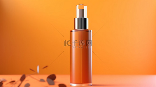 橙色样机背景图片_充满活力的橙色抽象背景下用于女性皮肤护理的空白标记血清瓶的 3D 渲染
