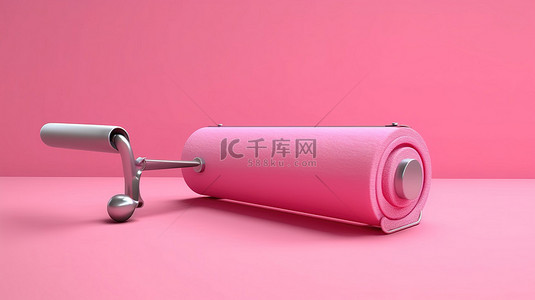 3D 渲染的粉红色油漆滚筒在互补色调的背景上