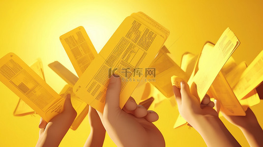 旅游黄色背景背景图片_手持护照旅行票和黄色背景机票的 3d 渲染