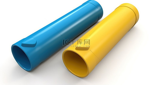 白色背景 3d 渲染上的黄色和蓝色胶棒