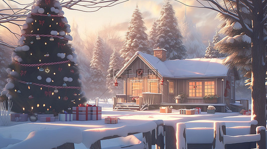 节日圣诞节和冬季场景 3D 渲染礼品盒雪花树和房子