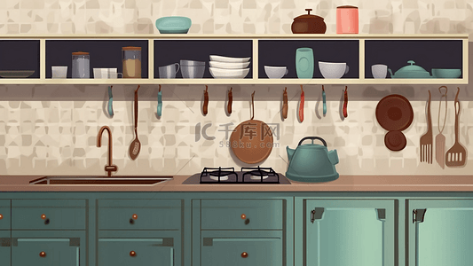 油污的厨房背景图片_厨房彩色绿色柜子餐具卡通