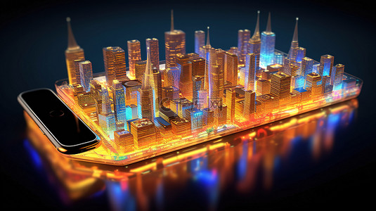 科技大城市背景图片_低聚大城市中的未来智能手机探索具有 3D 渲染的智能城市技术