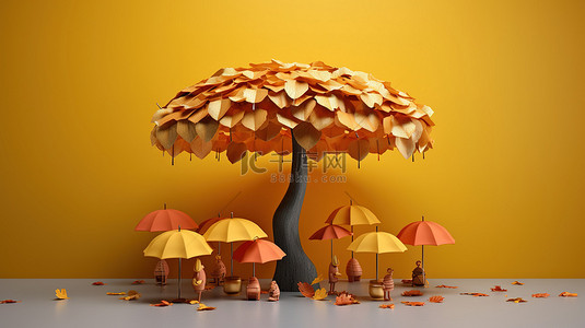 秋树伞孩子在现代 3D 渲染讲台上展示