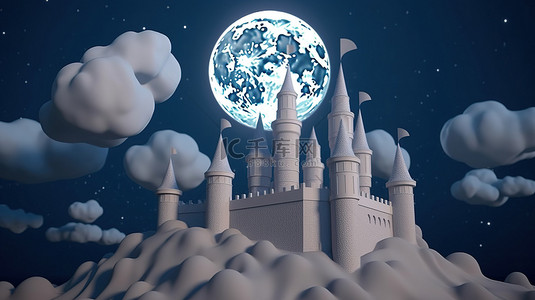 卡通城堡以 3D 渲染，纸云映衬着满月夜空