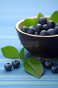 健康的水果背景图片_绿碗里的蓝莓，有叶子