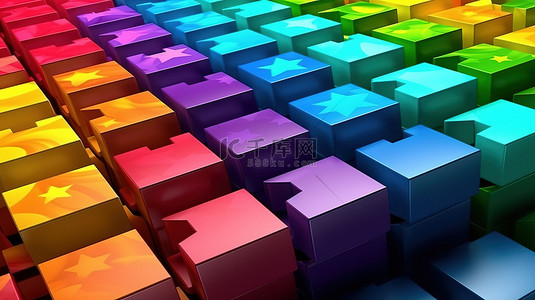 卡通彩虹主题中彩色像素立方体和星星的 3D 渲染图片