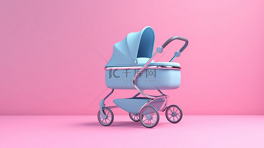 时尚的蓝色婴儿车，在充满活力的粉红色背景上具有 3D 渲染