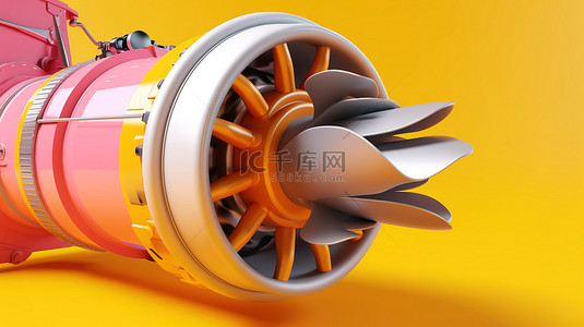 充满活力的黄色和粉色涡轮背景上火箭组件的 3D 插图