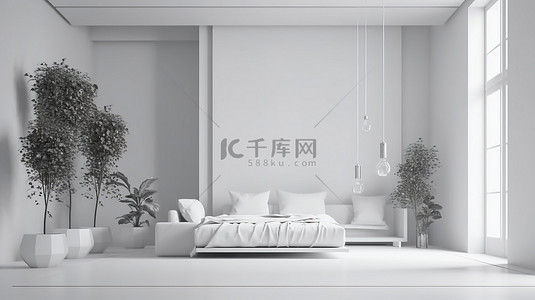 房子植物背景图片_极简主义时髦阁楼内饰，设有带沙发植物和空墙的 3D 渲染客厅