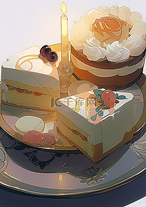 提灯烛台背景图片_5 种蛋糕精选，放在烛台前的盘子上