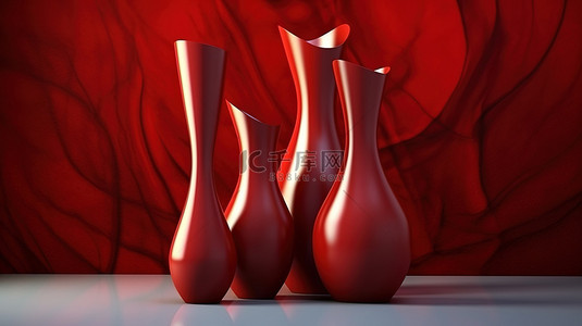 大胆红色调的弯曲花瓶的 3D 渲染
