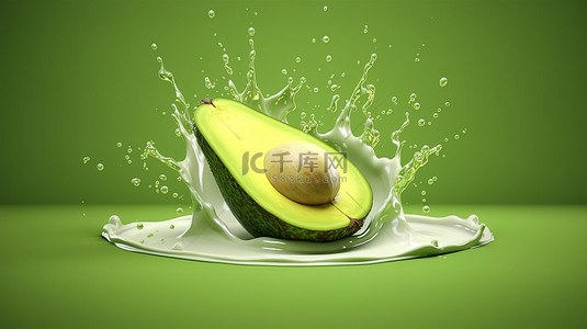 蔬菜水果牛奶背景图片_3d 渲染的鳄梨牛奶飞溅产生绿色波纹