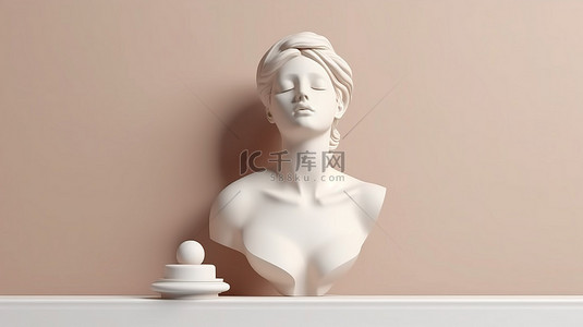 米色白色背景上 3D 渲染的简约未来派女性半身雕像和讲台