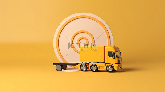 圆形箭头和卡车象征着交付和物流，在 3D 插图中具有充足的复制空间