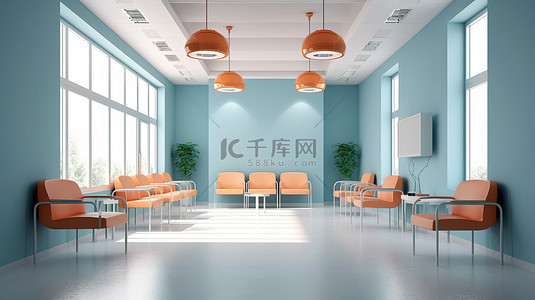 诊所等候区的 3D 渲染，配有橙色椅子浅蓝色墙壁和白色地板