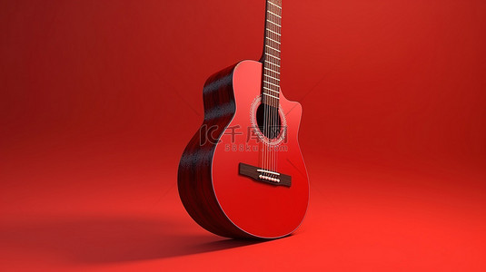 在充满活力的红色背景上呈现的原声吉他的 3d 插图设计