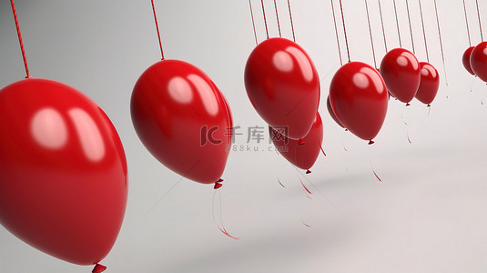 一群红色气球在 3D 渲染的荣耀中高高飞翔，下面悬挂着绳子