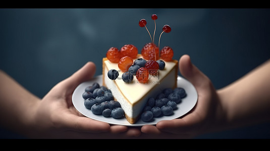卡通厨师手捧着蓝莓芝士蛋糕，盘子上有心形配料 3D 渲染