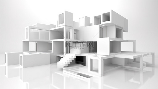 3d 白色方形背景中的简约现代建筑