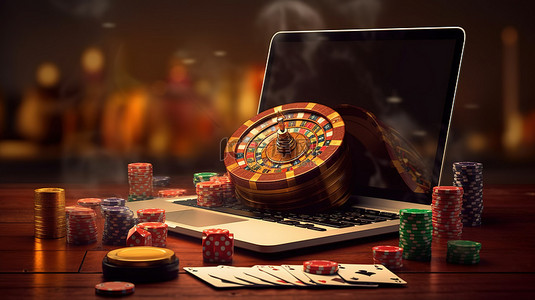 游戏应用背景图片_显示在线赌场界面的笔记本电脑的 3D 插图，其中包含赌博横幅应用程序和空白文本空间
