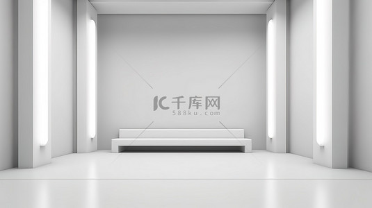 展位模型背景图片_极简主义展位模型，以 3D 渲染的白色墙壁和地板为特色