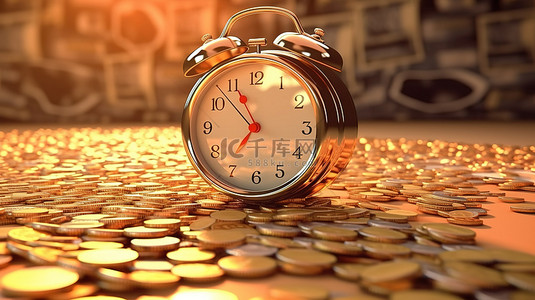 卡通闹钟的 3D 渲染，带有钱币，强调时间的价值