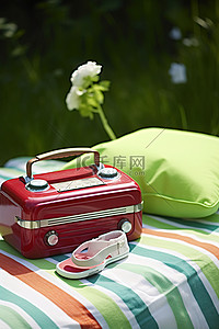 一台旧收音机，野餐毯上放着一双人字拖