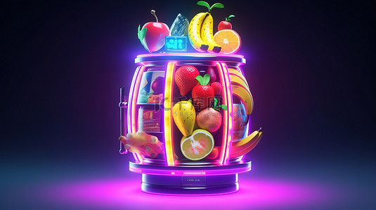 带有水果图标的霓虹灯老虎机的未来派 3D 插图