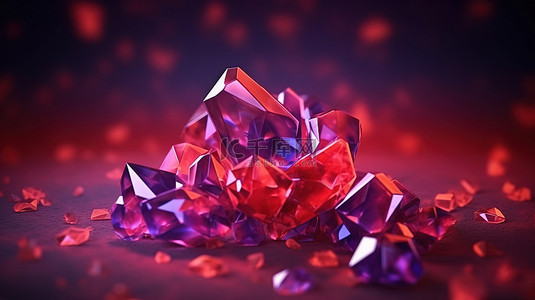 红色晶体背景图片_紫色背景上悬浮红色晶体的发光棱镜