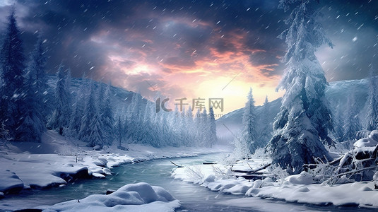 夜间冬季仙境暴风雪景观 3D 数字艺术